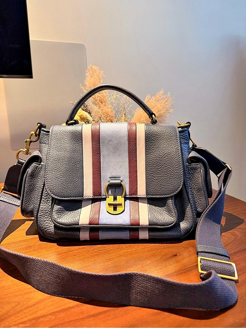 Striped Satchel in Gray & Red Like New